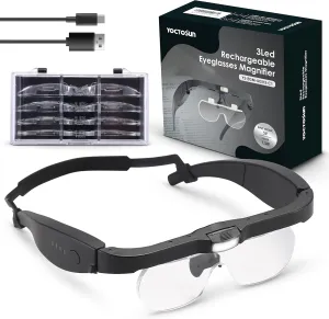 YOCTOSUN Magnifying Glasses with Light, Rechargeable Head Magnifier Glasses with 3 LED Lights and Detachable Lenses 1.5X, 2.5X, 3.5X, 5X, Magnifying Headset for Close Work Hobby Jewelry Crafts