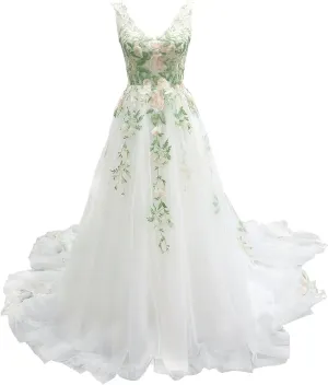 zcbang Lace Wedding Dresses for Bride Fairy Forest Colorful Elegant Bridal Dresses with Train