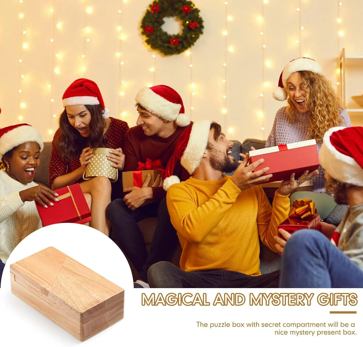 Zhanmai 2 Pack Christmas Puzzle Box Gift Wooden Magic Impossible Dovetail Box Secret Money Case Mini 3D Brain Teaser Case for Valentines Girlfriend Cash Adults Teens(Rectangle,Wood Color)