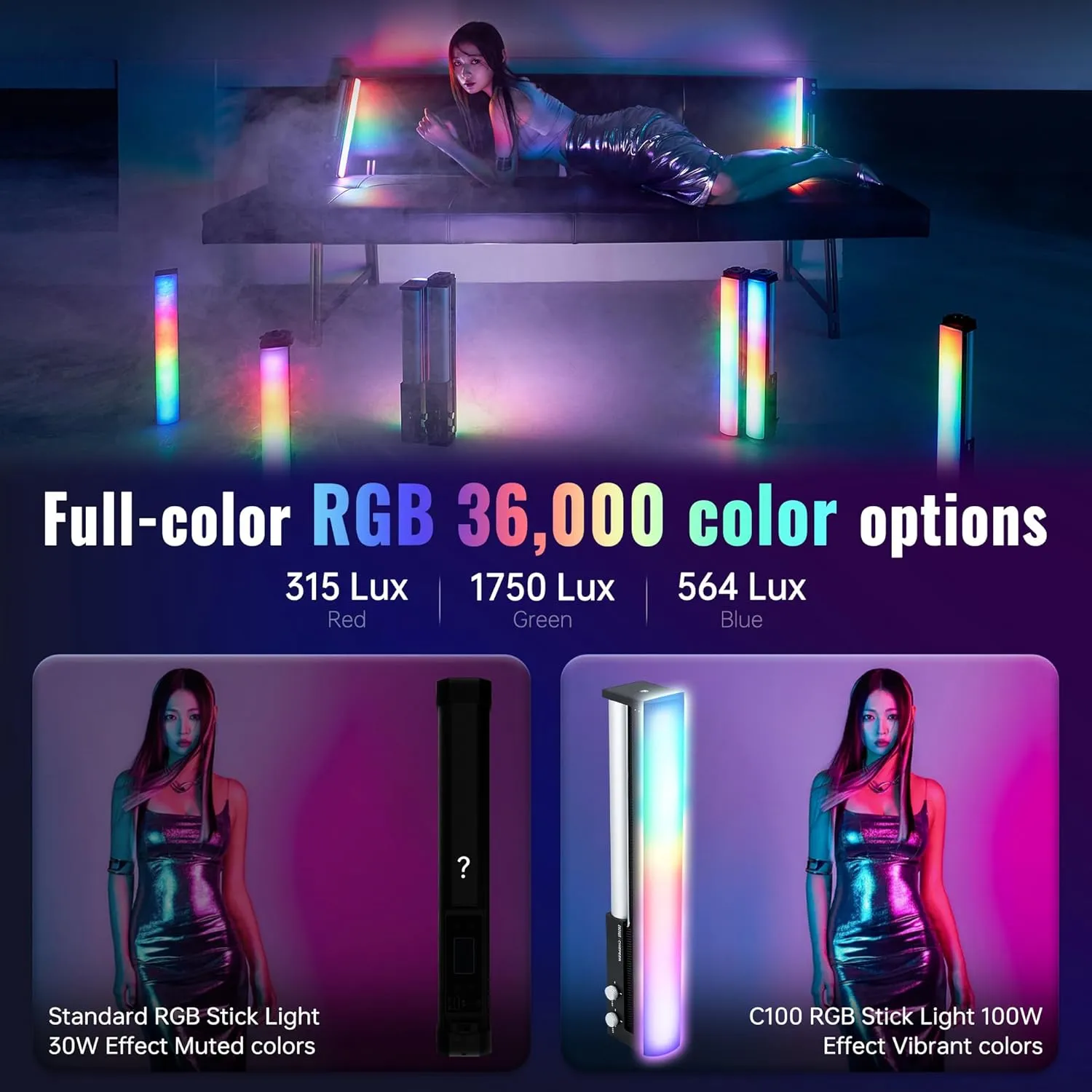 ZHIYUN CINEPEER C100 100W RGB LED Video Light - App Control, 2700K-6500K, CRI 95  TLCI 98 , 6*4500 mAh Battery, 14.3" Tube
