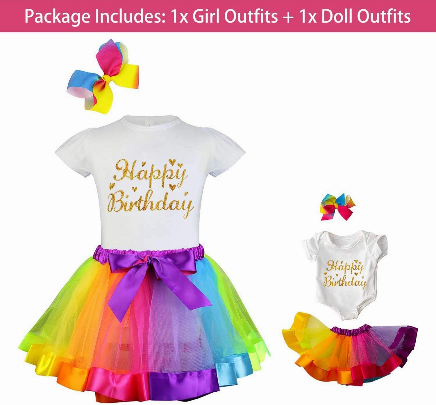 ZITA ELEMENT Rainbow Clothes and Hair Accessories for American 18 Inch Girl Doll Matching Girls Outfits - 2 Cotton Shirts, 2 Rainbow Tutu Skirts and 2 Bow Hair Clips for Kid Girl Birthday Gift.