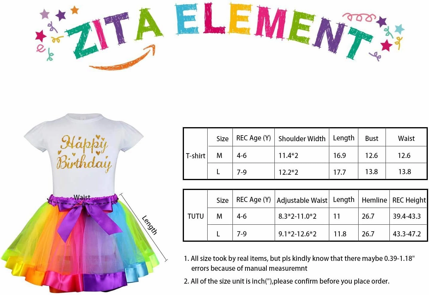 ZITA ELEMENT Rainbow Clothes and Hair Accessories for American 18 Inch Girl Doll Matching Girls Outfits - 2 Cotton Shirts, 2 Rainbow Tutu Skirts and 2 Bow Hair Clips for Kid Girl Birthday Gift.