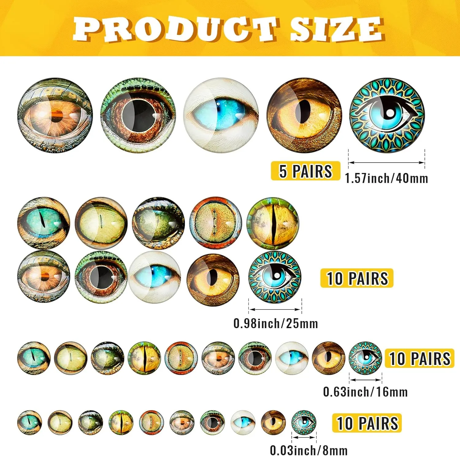 Zomiboo 70 Pcs 40/25/16/8 mm Large Animal Glass Eye Round Cabochon Eyes Half Round Dragon Eyes Mixed Printed Round Eyes 4 Sizes Mini Animal Eye Cabochons for Art Doll Props DIY Jewelry Making (Modern)