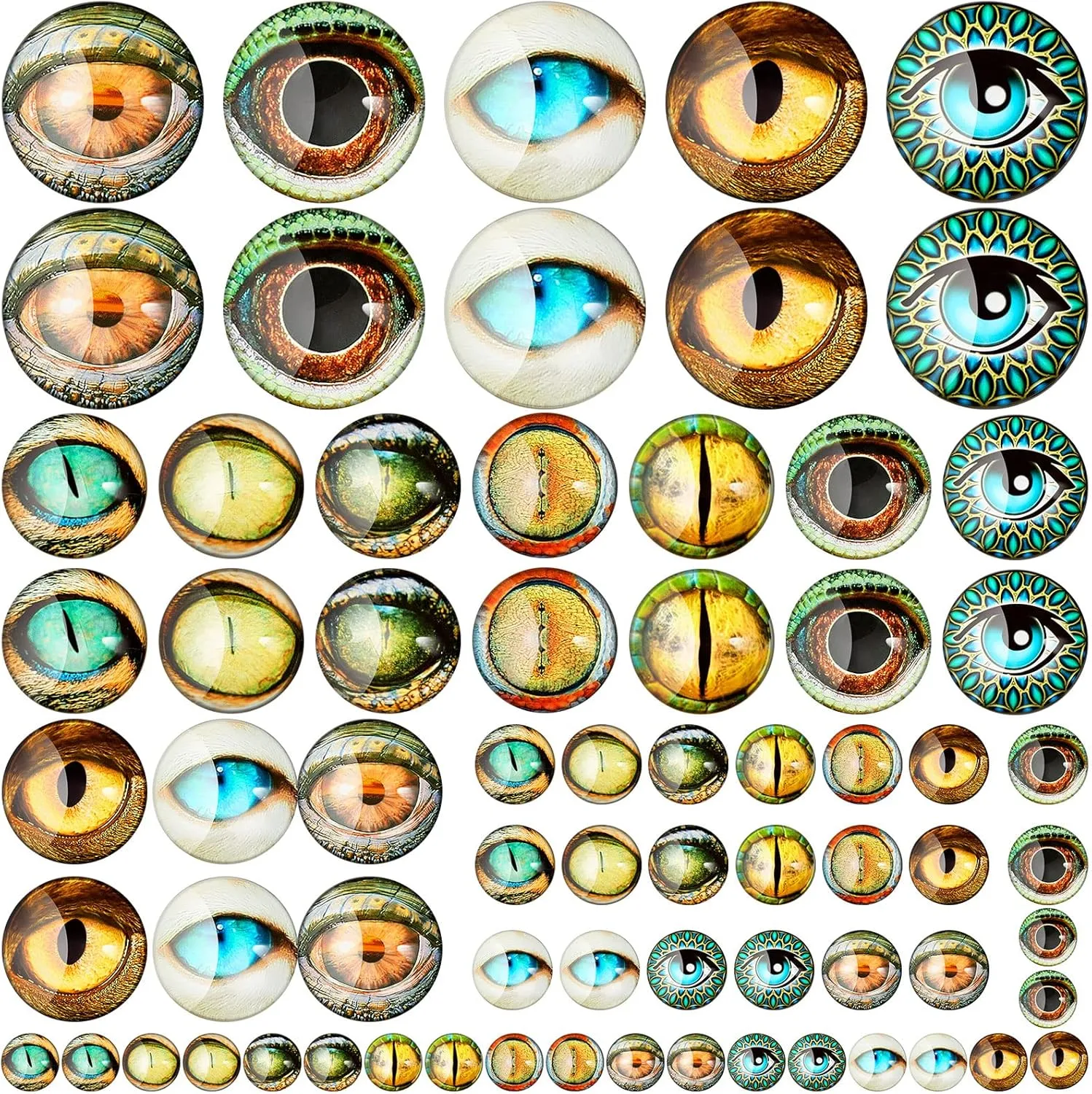 Zomiboo 70 Pcs 40/25/16/8 mm Large Animal Glass Eye Round Cabochon Eyes Half Round Dragon Eyes Mixed Printed Round Eyes 4 Sizes Mini Animal Eye Cabochons for Art Doll Props DIY Jewelry Making (Modern)